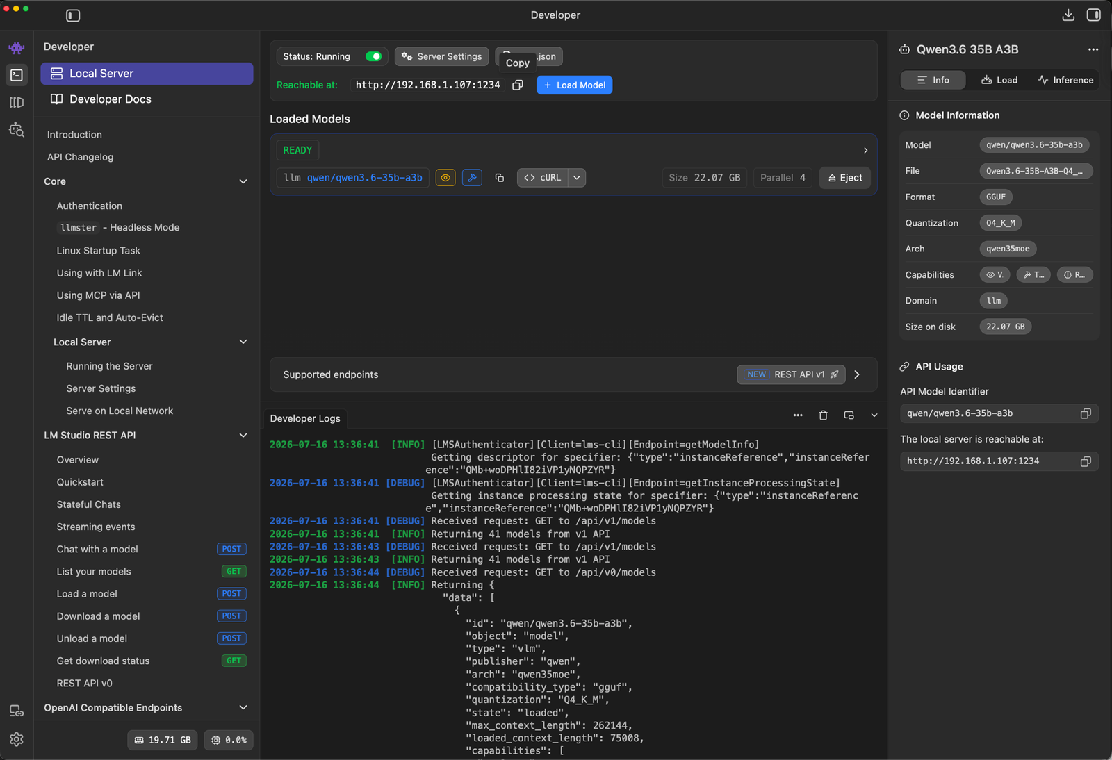 LM Studio's Developer tab with the local server running and a model loaded