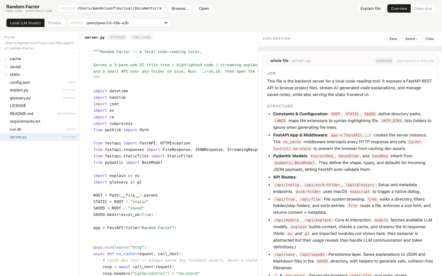 A whole-file explanation streamed from a local model, with inline code chips