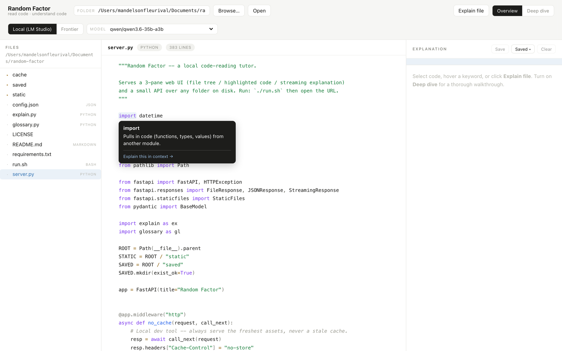 The hover glossary defining the import keyword