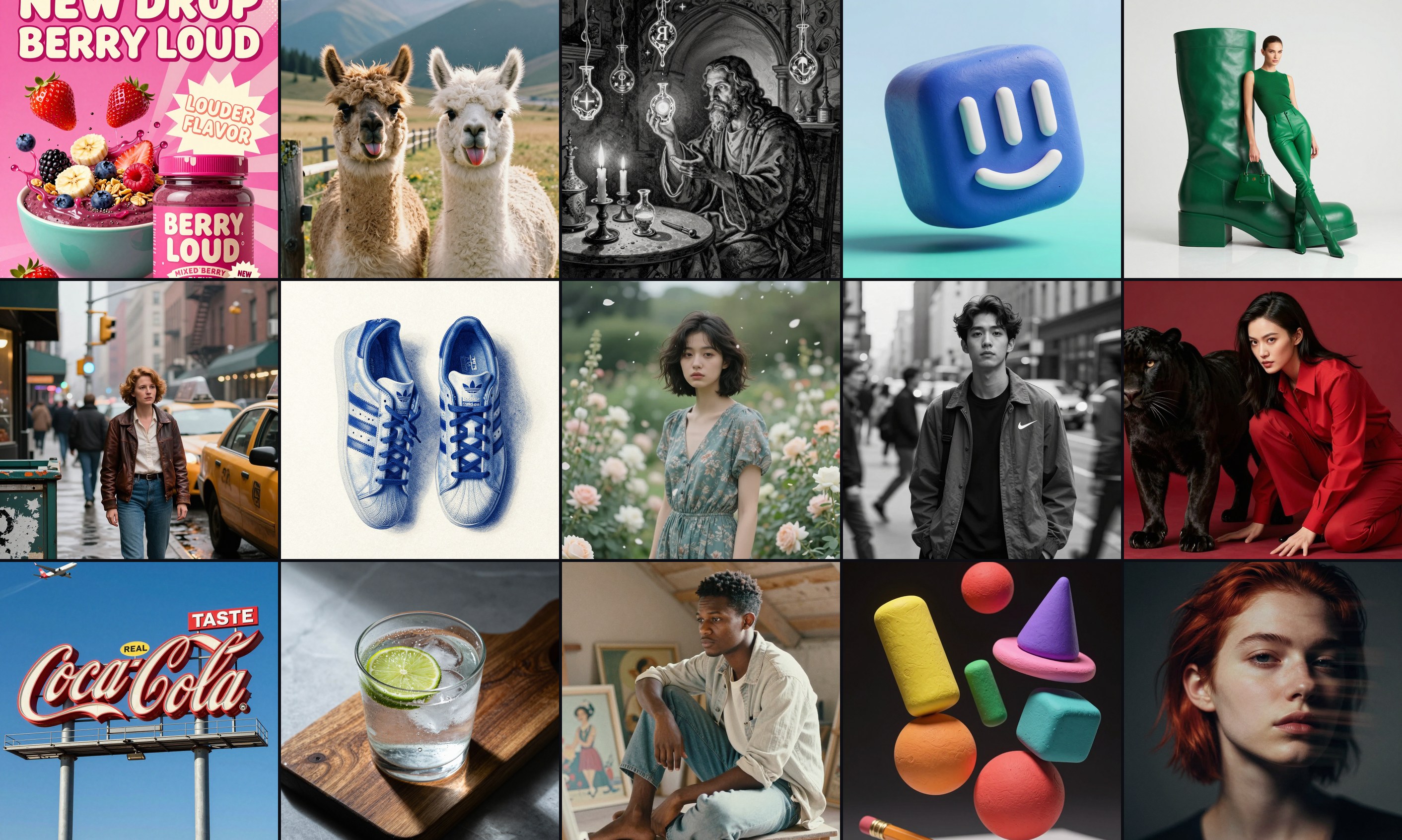A grid of images generated with Z-Image Studio: portraits, motion shots, abstract 3D, and product photography