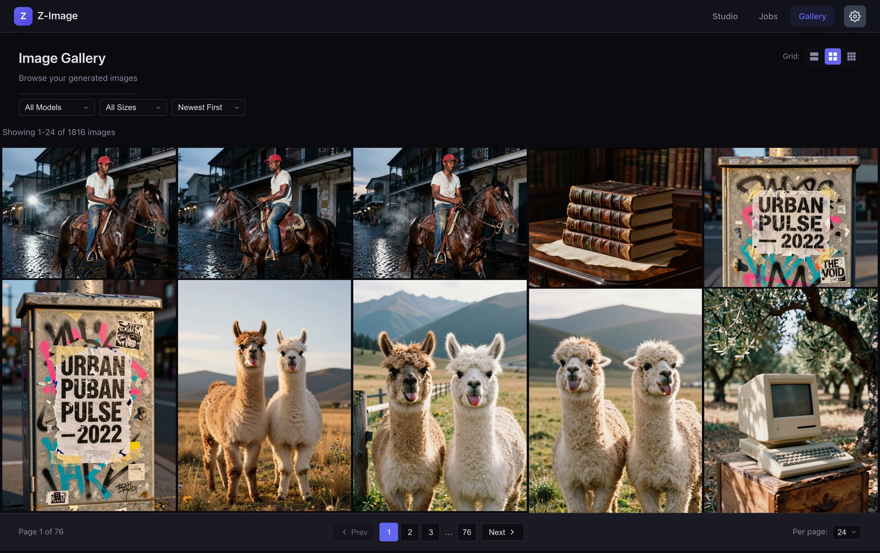 The Z-Image Studio gallery showing a masonry grid of previously generated images