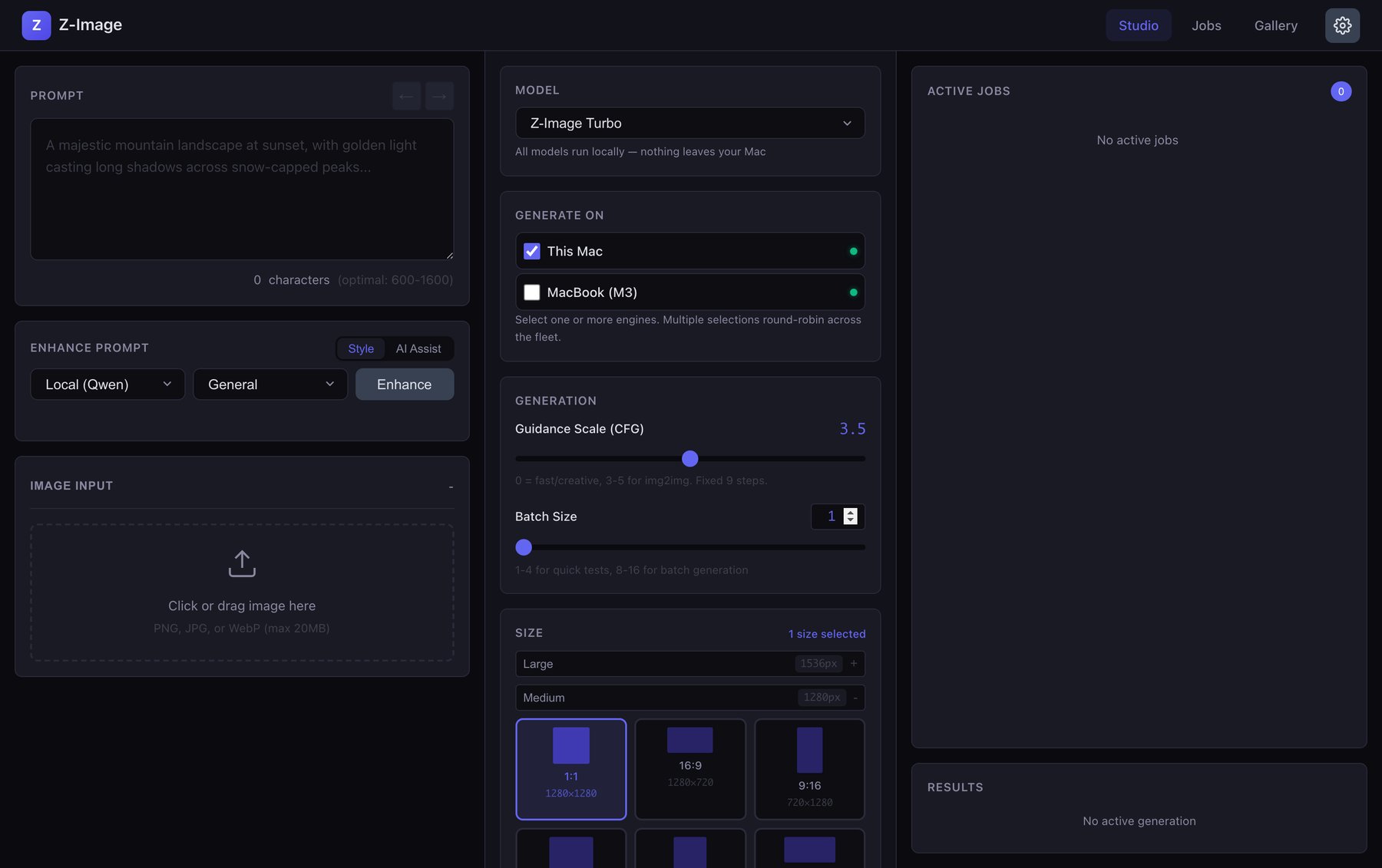 The Z-Image Studio interface: prompt box, model picker, the Generate On device selector, and generation controls